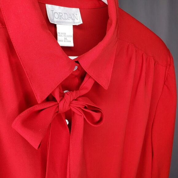 Jordan Bow Tie Neck Button Collar Top Women XL Red Chiffon Old Money Feminine - Picture 3 of 9